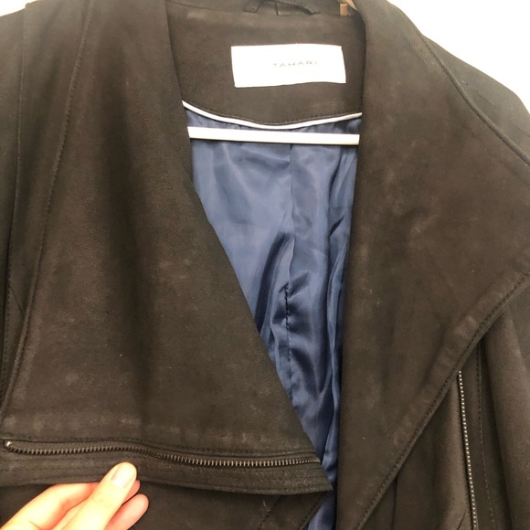 T Tahari Trisha Drape Front Black Leather Jacket M - Picture 5 of 6